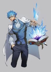 Rule 34 | 10s, 1boy, absurdres, aged up, blue eyes, blue hair, book, buttons, crystal, double-breasted, fate/extra, fate/extra ccc, fate (series), glasses, grey background, hand in pocket, hans christian andersen (fate), highres, jacket, jacket on shoulders, lab coat, male focus, manly, ogata tomio, shirt, short hair, simple background, solo, striped clothes, striped shirt, vertical-striped clothes, vertical-striped shirt, waistcoat