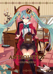 Rule 34 | 1girl, aqua eyes, aqua hair, birdcage, cage, candle, chair, crown, elbow gloves, floating hair, globe, gloves, guitar, hatsune miku, instrument, kneehighs, long hair, musou yuchi, phonograph, radio, sitting, socks, solo, suitcase, twintails, vocaloid