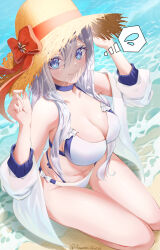 Rule 34 | 1girl, 86 -eightysix-, absurdres, amaneiru, beach, bikini, blue choker, blue eyes, bow, breasts, choker, cleavage, closed mouth, from above, grey hair, hands up, hat, hat bow, highres, jacket, large breasts, long hair, looking at viewer, looking up, navel, off shoulder, red bow, seiza, sitting, smile, solo, spoken sweatdrop, stomach, straw hat, sweatdrop, swimsuit, thighs, vladilena millize, water, white bikini, white jacket