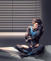 Rule 34 | 1boy, ^ ^, artist name, batman (series), bed, black bodysuit, black hair, blue bodysuit, bodysuit, closed eyes, clothes lift, cradling phone, dc comics, dick grayson, indian style, jjmk-jjmk, lifted by self, male focus, nightwing, on bed, open mouth, phone, short hair, sitting, smile, solo, talking on phone, two-tone bodysuit, undressing