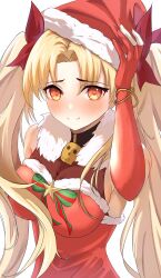 Rule 34 | 1girl, alternate costume, blonde hair, blush, bow, breasts, dress, elbow gloves, ereshkigal (fate), fate/grand order, fate (series), gloves, hair bow, hair ribbon, hat, highres, jewelry, long hair, looking at viewer, medium breasts, necklace, parted bangs, red eyes, red ribbon, ribbon, santa hat, skull necklace, smile, solo, two side up, umi endu, very long hair