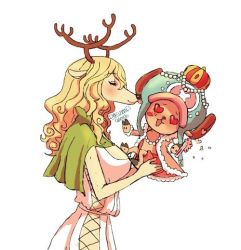 Rule 34 | 1boy, 1girl, antlers, breasts, closed eyes, crown, dress, furry, heart, heart-shaped pupils, hetero, holding, horns, kiss, large hat, long hair, milky (one piece), one piece, reindeer, sideboob, size difference, smile, symbol-shaped pupils, tony tony chopper