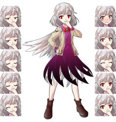 Rule 34 | 1girl, :d, :o, ^ ^, alphes (style), blush, boots, closed eyes, crying, d:, dairi, dress, expressions, finger to mouth, full body, jacket, kishin sagume, legacy of lunatic kingdom, open mouth, parody, red eyes, silver hair, simple background, single wing, smile, solo, standing, style parody, tachi-e, tears, touhou, transparent background, wings