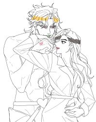 Rule 34 | 0rar0ll oraora, 1boy, 1girl, blonde hair, breasts, brown hair, dio brando, giorno&#039;s mother, green lips, height difference, hetero, highres, jacket, jojo no kimyou na bouken, lipstick mark, long hair, looking at another, medium breasts, muscular, muscular male, pink lips, red eyes, smile, vampire, vento aureo