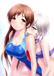 Rule 34 | 10s, 2girls, anastasia (idolmaster), bare shoulders, bikini, blue eyes, blush, breasts, brown eyes, brown hair, cleavage, competition swimsuit, earrings, idolmaster, idolmaster cinderella girls, idolmaster cinderella girls starlight stage, jewelry, large breasts, long hair, looking at viewer, medium breasts, multiple girls, nitta minami, one-piece swimsuit, parted lips, short hair, silver hair, swimsuit, wet, yuri, zen