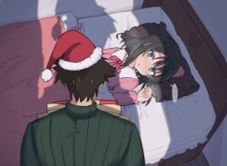 Rule 34 | ..., 1boy, 1girl, bed, black hair, blue eyes, blush, bow, box, collared shirt, commentary, frilled pillow, frills, from behind, fur-trimmed headwear, fur trim, gift, gift box, green sweater, hat, highres, indoors, layla (mino), long hair, long sleeves, looking at another, lying, nonono (mino), on back, on bed, open mouth, original, pajamas, parted lips, pillow, pink bow, pink shirt, red headwear, ribbed sweater, ringed eyes, santa hat, shirt, spoken ellipsis, sweat, sweatdrop, sweater, symbol-only commentary, turtleneck, turtleneck sweater, under covers, upper body