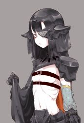 Rule 34 | 1girl, android, black dress, black hair, brown eyes, chest belt, closed mouth, clothes lift, dress, dress lift, expressionless, eyepatch, facial mark, flat chest, girls&#039; frontline, headgear, highres, hourai kochou, lifted by self, long hair, looking at viewer, mechanical arms, navel, nyto (girls&#039; frontline), adeline (girls&#039; frontline), paradeus, ribs, single mechanical arm, skinny, solo
