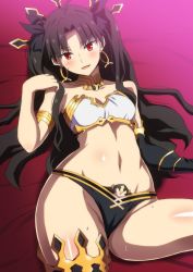 Rule 34 | 1girl, armlet, asymmetrical legwear, asymmetrical sleeves, bare shoulders, bikini, black bikini, black hair, black ribbon, black sleeves, black thighhighs, blush, breasts, bridal gauntlets, cleavage, detached collar, detached sleeves, earrings, fate/grand order, fate (series), hair ribbon, hara (harayutaka), highres, hoop earrings, ishtar (fate), jewelry, long hair, looking at viewer, lying, medium breasts, mismatched bikini, navel, neck ring, on back, parted bangs, parted lips, red eyes, ribbon, single detached sleeve, single thighhigh, smile, sweat, swimsuit, thighhighs, thighlet, thighs, tiara, two side up, uneven legwear, uneven sleeves, white bikini