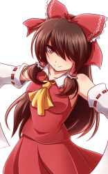 Rule 34 | 1girl, ascot, bow, brown hair, detached sleeves, hair bow, hair over one eye, hair tubes, hakurei reimu, highres, long hair, looking at viewer, one eye covered, outstretched arms, red eyes, smile, solo, spread arms, tottsuman, touhou, white background