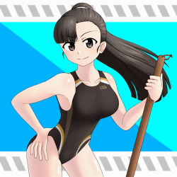 Rule 34 | 1girl, black hair, black one-piece swimsuit, blush, breasts, brown eyes, closed mouth, edgar0ekaki, girls und panzer, hand on own hip, highres, large breasts, leaning forward, long hair, looking at viewer, mop, nishi kinuyo, one-piece swimsuit, ponytail, school swimsuit, smile, solo, swimsuit