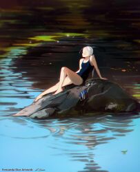 Rule 34 | 1girl, antenna hair, artist name, barefoot, black one-piece swimsuit, closed eyes, commentary, english commentary, feet, fernanda dias, from side, full body, highres, knee up, one-piece swimsuit, original, ponytail, reflection, rock, signature, sitting, solo, swimsuit, water, white hair