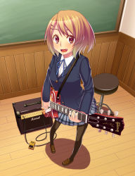 Rule 34 | 00s, 1girl, amplifier, blush, brown eyes, brown hair, cable, electric guitar, fang, female focus, from above, full body, gibson les paul, guitar, hair ornament, hairclip, hirasawa yui, indoors, instrument, k-on!, pantyhose, school uniform, short hair, skirt, solo, terumii, wooden floor