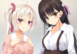 Rule 34 | 2girls, ahoge, akizuki kanna, aria (koiiroharemoyou), arms at sides, blurry, blurry background, blush, braid, breasts, brown skirt, cafe stella to shinigami no chou, closed mouth, collarbone, commentary request, crossed bangs, dress shirt, earrings, eyelashes, eyes visible through hair, flower, frown, grin, hair between eyes, hair flower, hair ornament, hair ribbon, hairclip, hands up, high-waist skirt, jacket, jewelry, lips, long sleeves, looking at viewer, medium breasts, mole, mole under eye, multiple girls, pink jacket, pink ribbon, purple eyes, ribbon, rose, shiki natsume, shirt, side braid, side ponytail, simple background, skirt, smile, stud earrings, suspender skirt, suspenders, sweatdrop, upper body, white flower, white hair, white rose, white shirt, wing collar, yellow eyes