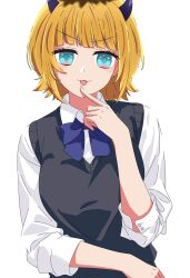 Rule 34 | 1girl, :3, black sweater vest, blonde hair, blue bow, blue bowtie, blue eyes, bow, bowtie, breasts, collared shirt, commentary, demon horns, dress shirt, finger to own chin, highres, horns, kusana (kusana47454281), large breasts, looking at viewer, mem-cho, multicolored hair, no pupils, open mouth, oshi no ko, roots (hair), shirt, short hair, sidelocks, simple background, solo, sweater vest, upper body, white background, white shirt