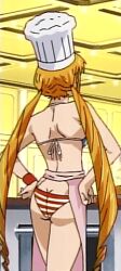 Rule 34 | 00s, 1girl, american flag bikini, animated, animated gif, apron, ass, ass shake, bikini, butt crack, chef hat, cropped, dimples of venus, flag print, hat, long hair, lowres, monica adenauer, non-web source, orange hair, solo, swimsuit, twintails, yakitate!! japan