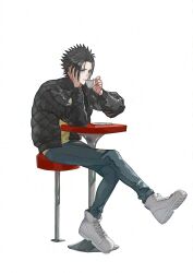 Rule 34 | 1boy, black hair, black jacket, blue eyes, blue pants, casual, crossed legs, cup, denim, drinking, final fantasy, final fantasy vii, full body, hair slicked back, hand in own hair, holding, holding cup, jacket, jeans, kaz0u0, light smile, long sleeves, male focus, pants, parted bangs, short hair, sitting, solo, table, white background, white footwear, zack fair