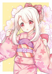 Rule 34 | 1girl, :o, blush, bow, commentary request, fate/kaleid liner prisma illya, fate (series), floral print, flower, hair between eyes, hair bow, hair bun, head tilt, illyasviel von einzbern, japanese clothes, kimono, long sleeves, obi, parted lips, pinching sleeves, pink bow, pink flower, pink kimono, print kimono, red eyes, sash, sidelocks, single hair bun, sleeves past wrists, solo, striped, striped bow, tengxiang lingnai, white hair, wide sleeves