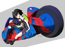 Rule 34 | 1girl, artist name, backpack, bag, black hair, black skirt, black socks, black sweater, brown eyes, commentary, cross-laced footwear, double horizontal stripe, dress shirt, grey background, looking at viewer, marvel, motor vehicle, motorcycle, on motorcycle, oono tsutomu, open mouth, peni parker, plaid, plaid skirt, pleated skirt, school uniform, shirt, shoes, short hair, short sleeves, signature, sitting, skirt, smile, sneakers, socks, solo, sp//dr, spider-man: into the spider-verse, spider-man (series), spider-verse, sweater, sweater vest, white shirt