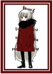 Rule 34 | 1girl, absurdres, alternate costume, black footwear, black scarf, boots, border, bow, coat, commentary request, contemporary, fujiwara no mokou, full body, hair bow, hands in pockets, highres, komaku juushoku, long hair, long sleeves, looking at viewer, red border, red bow, red coat, red eyes, scarf, simple background, solo, touhou, very long hair, white background, white bow, white hair, zipper