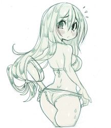 Rule 34 | 1girl, adjusting clothes, adjusting swimsuit, ass, asui tsuyu, bare shoulders, bikini, blush, boku no hero academia, breasts, commentary, cowboy shot, cropped legs, dimples of venus, english commentary, flying sweatdrops, from behind, green theme, hair between eyes, hair rings, long hair, looking back, medium breasts, monochrome, parororo, shiny skin, sketch, solo, swimsuit