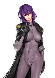 Rule 34 | 1girl, bodysuit, breasts, cleavage, coat, cowboy shot, delta zone, female focus, fingerless gloves, ghost in the shell, ghost in the shell stand alone complex, gloves, kusanagi motoko, large breasts, overcoat, purple hair, red eyes, skin tight, solo, standing, white background