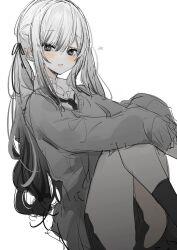 Rule 34 | 1girl, ankle socks, bare legs, blush, collared shirt, grey eyes, highres, long hair, long sleeves, looking at viewer, mi 398, monochrome, necktie, open mouth, original, shirt, simple background, sitting, skirt, socks, solo, spot color, sweater, swept bangs, twintails, white background