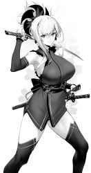 Rule 34 | 1girl, absurdres, breasts, detached sleeves, earrings, fate/grand order, fate (series), greyscale, hair ornament, highres, japanese clothes, jewelry, katana, kimono, large breasts, long hair, looking at viewer, miyamoto musashi (fate), miyamoto musashi (first ascension) (fate), monochrome, obi, ponytail, sash, sheath, short kimono, sleeveless, sleeveless kimono, smile, solo, swept bangs, sword, thighhighs, thighs, ulrich (tagaragakuin), weapon