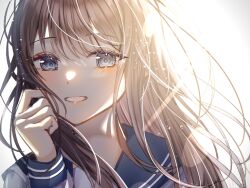 Rule 34 | 1girl, backlighting, blue eyes, blue sailor collar, brown hair, close-up, hand in own hair, hand up, highres, lens flare, light particles, long sleeves, looking at viewer, original, parted lips, portrait, sailor collar, sakura (39ra), school uniform, smile, solo