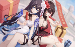 Rule 34 | 2girls, absurdres, bare shoulders, black dress, black hair, blue eyes, blue hair, blue sky, breasts, china dress, chinese clothes, chinese commentary, cleavage, closed mouth, dango, dress, dual persona, flower, food, gift, hair flower, hair ornament, highres, holding, holding food, holding hands, honkai (series), honkai impact 3rd, large breasts, ling kongling, long hair, looking at viewer, multiple girls, open mouth, outdoors, red dress, red eyes, red flower, red hair, seele (alter ego), seele vollerei, sitting, sky, sleeveless, sleeveless dress, smile, wagashi, white dress, white flower