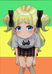 Rule 34 | 1girl, bent over, black bow, blonde hair, blue eyes, blunt bangs, blush, bow, closed mouth, emilico (shadows house), eyelashes, feet out of frame, female focus, hair bow, highres, leaning forward, long hair, multicolored background, bowtie, nokironokii, panties, panty pull, plaid, plaid skirt, pleated skirt, pulled by self, shadows house, shirt, short sleeves, short twintails, skirt, standing, twintails, underwear, white panties, white shirt
