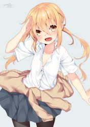 Rule 34 | 10s, 1girl, absurdres, alternate costume, black pantyhose, blonde hair, blush, buttons, clothes around waist, collarbone, cowboy shot, dated, eyebrows, fang, grey background, hair between eyes, highres, kantai collection, long hair, looking at viewer, low twintails, nebusoku, pantyhose, salute, satsuki (kancolle), short sleeves, simple background, skirt, solo, sweater, sweater around waist, twintails, twitter username, unbuttoned, unbuttoned shirt, yellow eyes
