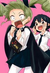 Rule 34 | 2girls, :d, absurdres, anchovy (girls und panzer), anzio school uniform, barashiya, black cape, black hair, black neckwear, black ribbon, black skirt, blush, braid, brown eyes, cape, clenched hands, commentary, constricted pupils, cupping hands, dress shirt, drill hair, dvd case, frown, girls und panzer, green hair, hair ribbon, highres, it (stephen king), leaning forward, long hair, long sleeves, looking at another, miniskirt, multiple girls, necktie, open mouth, own hands together, pantyhose, parody, pepperoni (girls und panzer), pink background, pleated skirt, red eyes, ribbon, scared, school uniform, shirt, short hair, shouting, side braid, simple background, skirt, smile, standing, tearing up, title parody, twin drills, twintails, v-shaped eyebrows, white legwear, white shirt