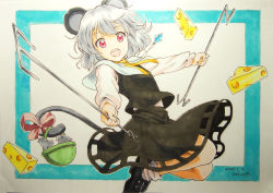 Rule 34 | 1girl, absurdres, animal ears, artist name, basket, beluo77, black footwear, black skirt, black vest, bow, capelet, cheese, commentary request, dated, dowsing rod, food, grey hair, highres, holding, holding with tail, jewelry, jumping, long sleeves, looking at viewer, mouse (animal), mouse ears, mouse tail, nazrin, open mouth, outstretched arms, pendant, pink bow, prehensile tail, red eyes, shirt, shoes, short hair, skirt, socks, tail, tail bow, tail ornament, touhou, traditional media, vest, white shirt, white socks