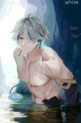 Rule 34 | 1boy, 1girl, absurdres, alhaitham (genshin impact), artist name, chenmovicio, chinese commentary, closed mouth, commentary request, genshin impact, green eyes, grey hair, hair between eyes, hair over one eye, highres, male focus, muscular, muscular male, nipples, partially submerged, pectorals, short hair, solo, toned, toned male, topless male, upper body