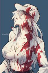 Rule 34 | 1girl, baseball cap, blood, blood in hair, blood on clothes, blood on face, blouse, blue eyes, breasts, cako (a ben), cleavage, clothes writing, collared shirt, hair over one eye, hat, hataraku saibou, hataraku saibou black, highres, large breasts, neutrophil, no bra, open clothes, open mouth, open shirt, shirt, solo, torn clothes, torn shirt, u-0001, u-1196, uniform, white blood cell (hataraku saibou), white hair, white hat, white shirt