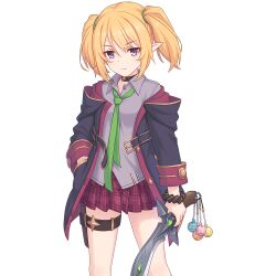Rule 34 | 1girl, blonde hair, chloe (princess connect!), holding, holding weapon, hood, hooded coat, jacket, looking at viewer, necktie, official art, pointy ears, princess connect!, school uniform, skirt, st. theresa&#039;s girls academy school uniform, tachi-e, transparent background, weapon