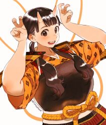 Rule 34 | 1girl, air quotes, armor, arms up, black hair, breastplate, brown eyes, chipped tooth, commentary, dungeon meshi, english commentary, highres, horns, inutade, looking at viewer, mole, mole under eye, simple background, skin-covered horns, smile, solo, sumustard, teeth, upper body, upper teeth only, white background