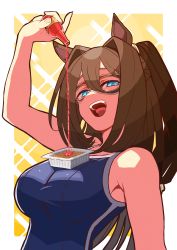 Rule 34 | 1girl, absurdres, arm up, blue eyes, blue one-piece swimsuit, bottle, breasts, brown hair, domino mask, el condor pasa (umamusume), food, hair intakes, highres, holding, holding bottle, horse girl, hot sauce, large breasts, long hair, looking at viewer, mask, nattou, object on breast, one-piece swimsuit, open mouth, petoka, school swimsuit, smile, solo, swimsuit, tabasco, umamusume, upper body
