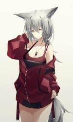 1girl absurdres animal_ears arknights arm_behind_head arm_up bare_shoulders breasts chromatic_aberration cleavage closed_mouth collarbone cowboy_shot eyes_visible_through_hair grey_background grey_hair grey_tail hair_between_eyes highres jacket jewelry large_breasts long_hair long_sleeves looking_at_viewer nash11 necklace off_shoulder official_alternate_costume one-piece_swimsuit projekt_red_(arknights) projekt_red_(light_breeze)_(arknights) red_jacket red_one-piece_swimsuit solo split_mouth standing swimsuit tail yellow_eyes zipper