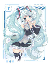 Rule 34 | 1girl, black skirt, black sleeves, black thighhighs, blue eyes, blue hair, blue necktie, character name, collared shirt, commentary request, detached sleeves, dress shirt, frilled skirt, frills, grey shirt, hands up, hatsune miku, headphones, heart, highres, long hair, long sleeves, looking at viewer, nachiru, necktie, open mouth, pleated skirt, shirt, skirt, sleeveless, sleeveless shirt, solo, thighhighs, tie clip, twintails, twitter username, very long hair, vocaloid, white background, wide sleeves