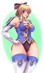 Rule 34 | 1girl, black panties, blonde hair, blush, breasts, cassandra alexandra, covered erect nipples, elbow gloves, female focus, gloves, gradient background, green eyes, kihaiu, long hair, panties, shoulder pads, solo, soul calibur, soulcalibur, soulcalibur iv, thick thighs, thighhighs, thighs, underwear, white background