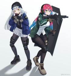 Rule 34 | 2girls, absurdres, agent 416 (girls&#039; frontline), agent 416 (shield of manhattan) (girls&#039; frontline), assault rifle, beanie, black footwear, black headwear, black legwear, black shirt, black shorts, blue hair, blue jacket, blunt bangs, blush, brown footwear, brown gloves, closed mouth, full body, girls&#039; frontline, gloves, green eyes, green jacket, grey gloves, gun, h&amp;k hk416, hair ornament, hat, headset, highres, hk416 (girls&#039; frontline), jacket, knee pads, long hair, long sleeves, looking at viewer, multicolored hair, multiple girls, original, pantyhose, pink hair, pleated skirt, pouch, rifle, rynzfrancis, shield, shirt, shoes, short shorts, shorts, simple background, skirt, standing, thigh pouch, thigh strap, weapon, white background, white shirt, white skirt