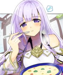 Rule 34 | 1girl, bare shoulders, circlet, commentary request, dress, eating, fire emblem, fire emblem: genealogy of the holy war, food, holding, holding spoon, julia (fire emblem), long hair, nintendo, purple eyes, purple hair, solo, spoon, yukia (firstaid0)