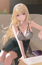 Rule 34 | 1girl, bare arms, bare shoulders, black dress, blonde hair, blurry, book, breasts, cleavage, commentary request, commission, couch, depth of field, dress, hair between eyes, highres, jewelry, large breasts, leaning to the side, long hair, nightgown, on couch, original, parted lips, purple eyes, ring, sitting, skeb commission, sleeveless, sleeveless dress, smile, solo, thighs, tomura2maru, wedding ring