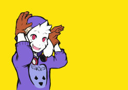 Rule 34 | 1boy, :d, adapted costume, asriel dreemurr, brown gloves, caribun, furry, furry male, gloves, headphones, headphones around neck, hood, hoodie, male focus, matryoshka (vocaloid), monster boy, open mouth, parody, pink eyes, purple eyes, simple background, smile, solo, spoilers, undertale, upper body, vocaloid, yellow background