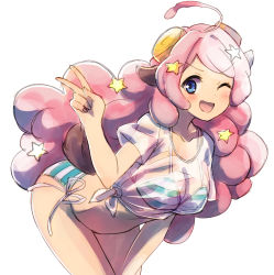 Rule 34 | 1girl, ;d, ahoge, animal ears, bikini, bikini under clothes, blush, breasts, cleavage, collarbone, cow ears, hair ornament, hand up, highres, large breasts, leaning forward, long hair, moa (show by rock!!), nyama, one eye closed, open mouth, pink hair, see-through, shirt, short sleeves, show by rock!!, side-tie bikini bottom, side-tie shirt, simple background, smile, solo, star (symbol), star hair ornament, striped bikini, striped clothes, swimsuit, tied shirt, v, v-shaped eyebrows, very long hair, white background, white shirt