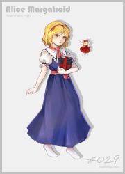 Rule 34 | 1girl, absurdres, alice margatroid, artist name, ascot, blonde hair, blue dress, capelet, character name, copyright name, doll, dress, frilled ascot, frills, grimoire of alice, hairband, highres, hoshiringo0902, hourai doll, imperishable night, lips, no shoes, puffy short sleeves, puffy sleeves, red dress, red hairband, sash, short hair, short sleeves, simple background, smile, solo, touhou, white background, white capelet, white legwear, yellow eyes