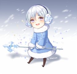 Rule 34 | 1boy, androgynous, blue dress, blush, cookie run, dress, earmuffs, fur-trimmed dress, fur-trimmed sleeves, fur trim, gloves, k (shinya90), long sleeves, looking at viewer, lowres, male focus, mittens, short hair, sitting, snow, snow sugar cookie, snowflakes, solo, sparkle, staff, white dress, white eyes, white gloves, white hair
