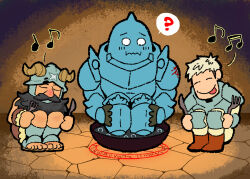Rule 34 | 2boys, ?, air bubble, alphonse elric, armor, beard, black hair, boiling, boots, bubble, closed eyes, commentary, confused, cooking, covered mouth, crossover, duckmeat woohoo, dungeon meshi, dwarf, english commentary, facial hair, facing viewer, fake horns, fork, full armor, fullmetal alchemist, fur trim, grey hair, happy, helmet, highres, holding, holding fork, horned helmet, horns, humming, in container, laios touden, long beard, magic circle, male focus, multiple boys, musical note, mustache, o o, pants, plate armor, sandals, senshi (dungeon meshi), short hair, sitting, spoken question mark, squatting, tongue, tongue out, waiting, wok