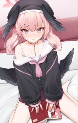 Rule 34 | 1girl, absurdres, bed, black headwear, black wings, blue archive, blush, commentary request, halo, head wings, highres, jimwh37, koharu (blue archive), looking at viewer, low wings, neckerchief, pink halo, pink neckerchief, sailor collar, sitting, solo, wariza, white sailor collar, wings